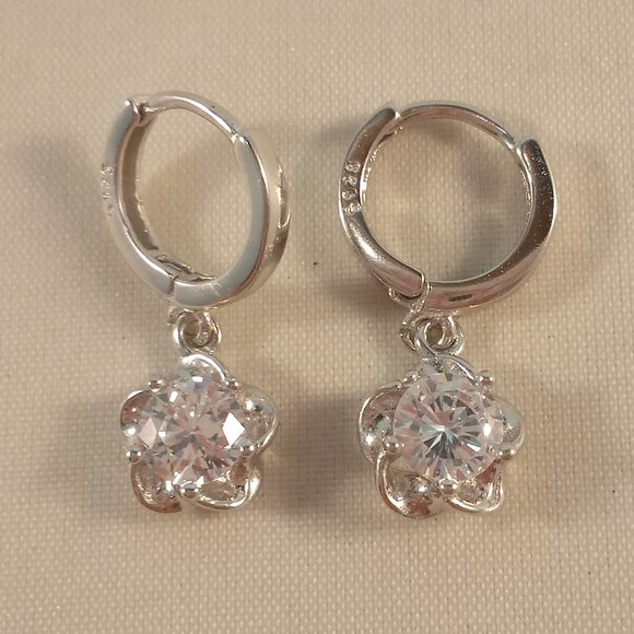 Sterling Silver Diamond Zircon Flower Swirl Dangle Earrings 6mm .84ctw ea Gift - Picture 2 of 4